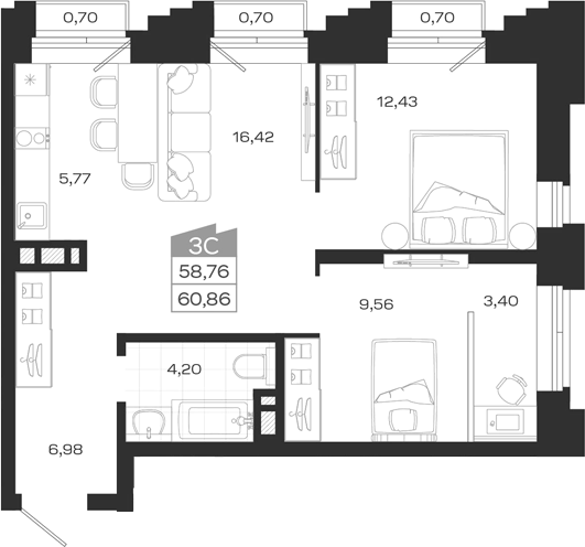 Планировка 3е-к.кв 58.76 м² в ЖК «Ясный Берег»