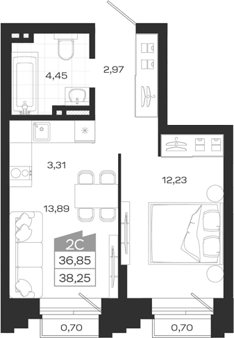 Планировка 2е-к. квартира 36.85 м² в ЖК «Ясный Берег»