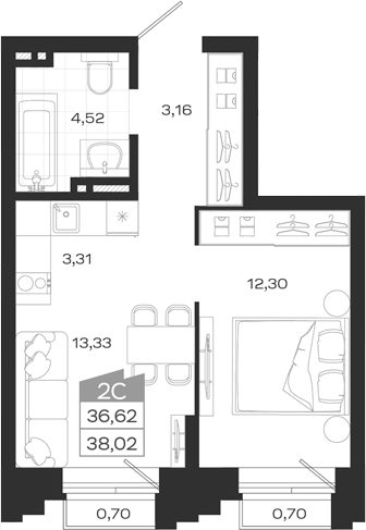 Планировка 2е-к. квартира 36.62 м² в ЖК «Ясный Берег»