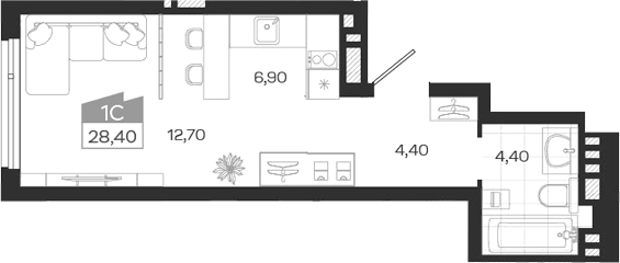 Планировка студии 28.40 м² в ЖК «Ясный Берег»