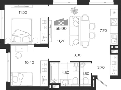 Планировка 3е-к.кв 56.90 м² в ЖК «Ясный Берег»