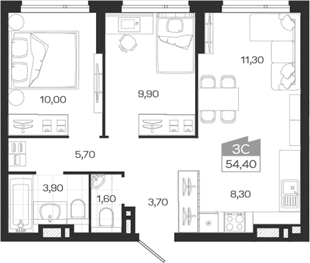 Планировка 3е-к.кв 54.40 м² в ЖК «Ясный Берег»
