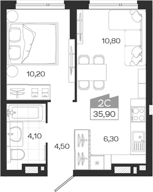 Планировка 2е-к. квартира 35.90 м² в ЖК «Ясный Берег»