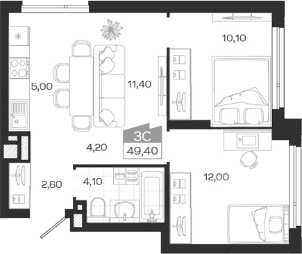 Планировка 3е-к. квартира 49.40 м² в ЖК «Ясный Берег»