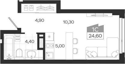 Планировка студии 24.60 м² в ЖК «Ясный Берег»