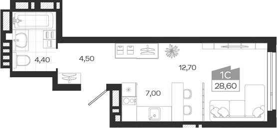 Планировка студия 28.60 м² в ЖК «Ясный Берег»