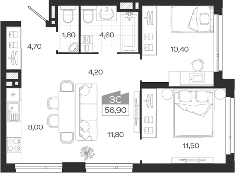 Планировка 3е-к. квартира 56.90 м² в ЖК «Ясный Берег»