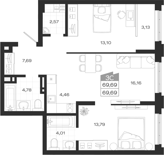 Планировка 3е-к. квартира 69.69 м² в ЖК «Ясный Берег»