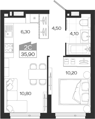 Планировка 2е-к. квартира 35.90 м² в ЖК «Ясный Берег»