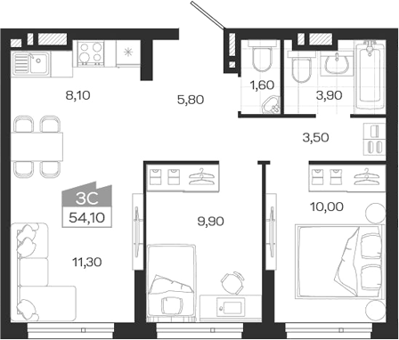 Планировка 3е-к. квартира 54.10 м² в ЖК «Ясный Берег»