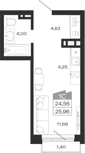 Планировка студии 24.56 м² в ЖК «Ясный Берег»