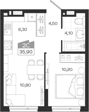 Планировка 2е-к. квартира 35.90 м² в ЖК «Ясный Берег»