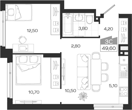 Планировка 3е-к. квартира 49.60 м² в ЖК «Ясный Берег»