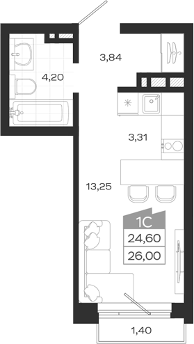 Планировка студия 24.60 м² в ЖК «Ясный Берег»