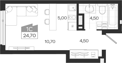 Планировка студии 24.70 м² в ЖК «Ясный Берег»