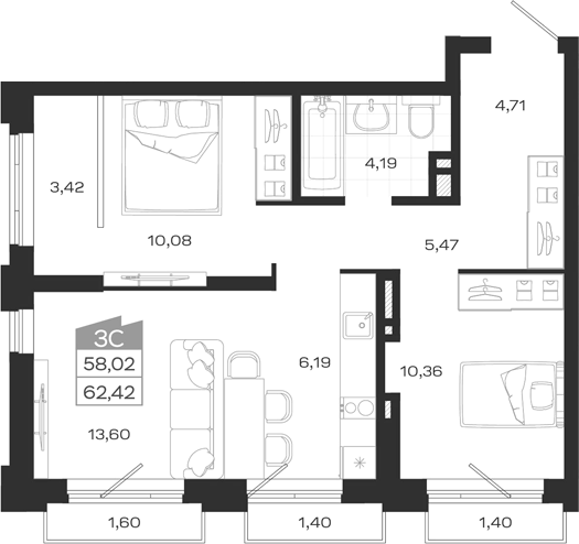 Планировка 3е-к. квартира 58.02 м² в ЖК «Ясный Берег»