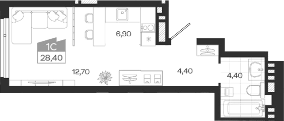Планировка студия 28.40 м² в ЖК «Ясный Берег»