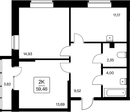 Планировка 2-к.кв 55.66 м² в ЖК «Расцветай на Дуси Ковальчук»