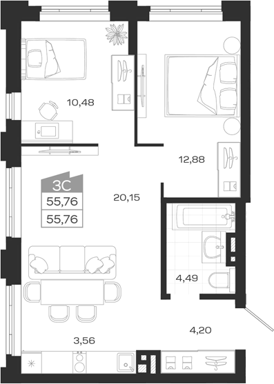 Планировка 3е-к. квартира 55.76 м² в ЖК «Ясный Берег»