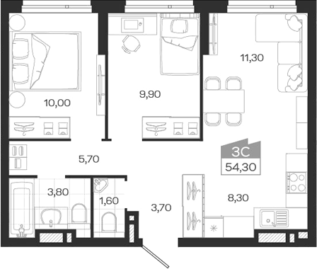 Планировка 3е-к. квартира 54.30 м² в ЖК «Ясный Берег»