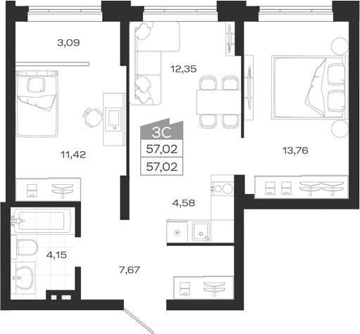 Планировка 3е-к. квартира 57.02 м² в ЖК «Ясный Берег»