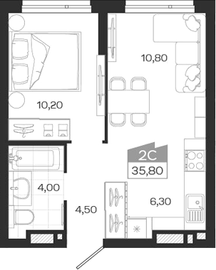 Планировка 2е-к. квартира 35.80 м² в ЖК «Ясный Берег»
