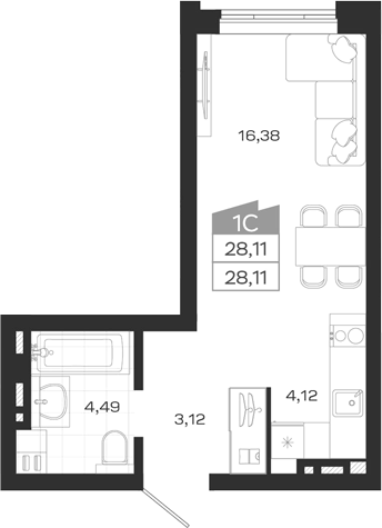 Планировка студии 28.11 м² в ЖК «Ясный Берег»