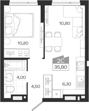 Планировка 2е-к. квартира 35.80 м² в ЖК «Ясный Берег»