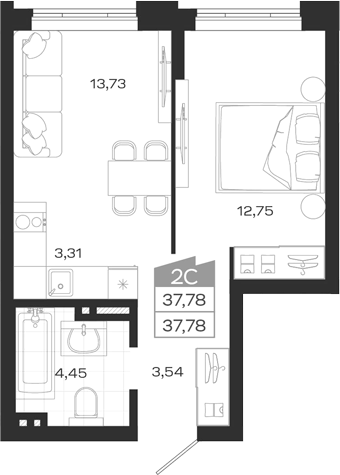 Планировка 2е-к.кв 37.78 м² в ЖК «Ясный Берег»