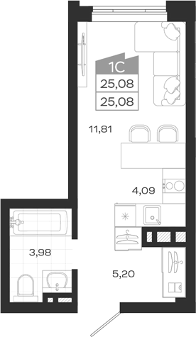 Планировка студии 25.08 м² в ЖК «Ясный Берег»