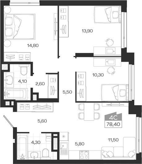 Планировка 4е-к.кв 78.40 м² в ЖК «Ясный Берег»