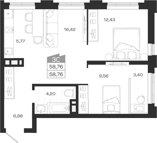 Планировка 3е-к. квартира 58.76 м² в ЖК «Ясный Берег»