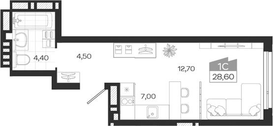 Планировка студии 28.60 м² в ЖК «Ясный Берег»