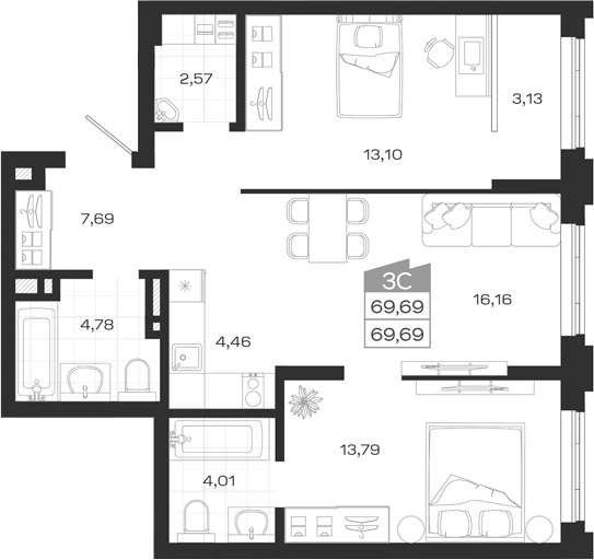 Планировка 3е-к. квартира 69.69 м² в ЖК «Ясный Берег»