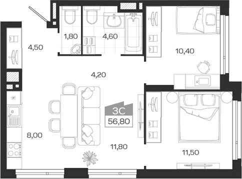 Планировка 3е-к. квартира 56.80 м² в ЖК «Ясный Берег»