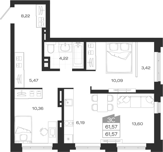 Планировка 3е-к.кв 61.57 м² в ЖК «Ясный Берег»