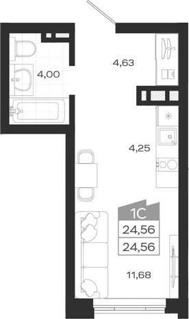 Планировка студии 24.56 м² в ЖК «Ясный Берег»