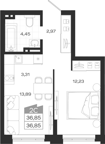 Планировка 2е-к.кв 36.85 м² в ЖК «Ясный Берег»