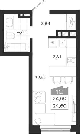 Планировка студии 24.60 м² в ЖК «Ясный Берег»