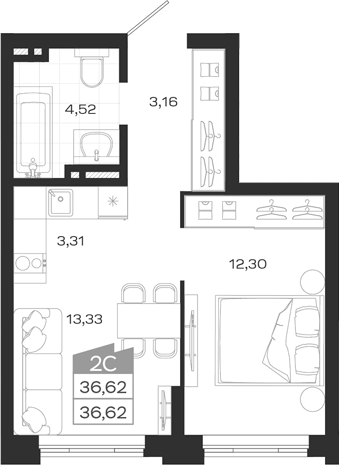 Планировка 2е-к. квартира 36.62 м² в ЖК «Ясный Берег»
