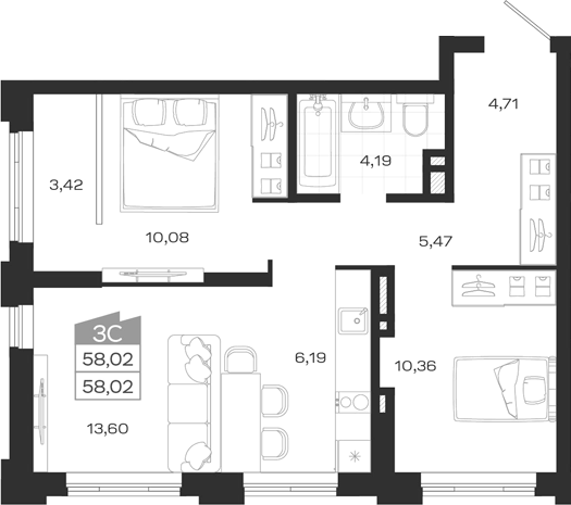 Планировка 3е-к. квартира 58.02 м² в ЖК «Ясный Берег»