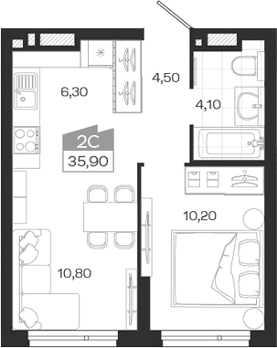Планировка 2е-к.кв 35.90 м² в ЖК «Ясный Берег»