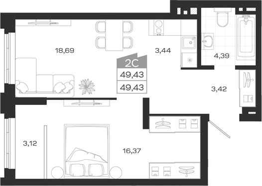 Планировка 2е-к.кв 49.43 м² в ЖК «Ясный Берег»