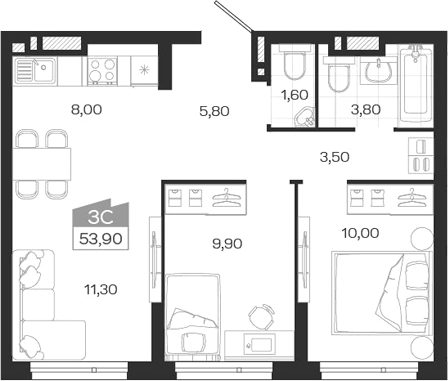 Планировка 3е-к. квартира 53.90 м² в ЖК «Ясный Берег»