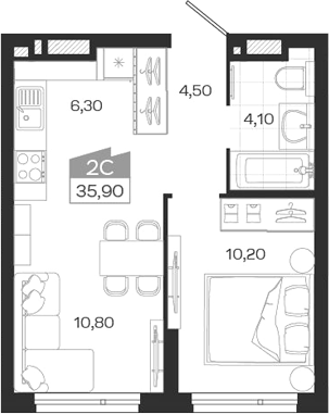 Планировка 2е-к.кв 35.90 м² в ЖК «Ясный Берег»