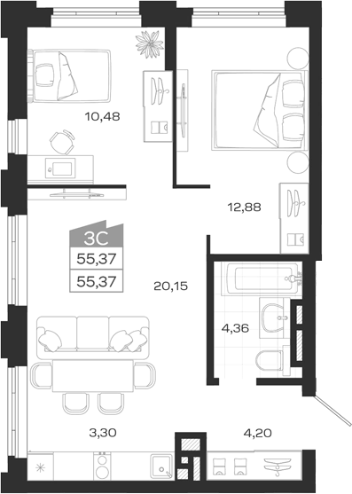 Планировка 3е-к. квартира 55.37 м² в ЖК «Ясный Берег»