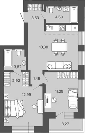 Планировка 2-к.кв 58.97 м² в ЖК «Прованс»