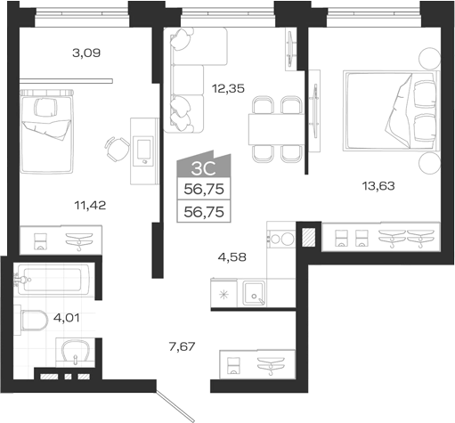Планировка 3е-к.кв 56.75 м² в ЖК «Ясный Берег»