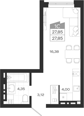 Планировка студия 27.85 м² в ЖК «Ясный Берег»