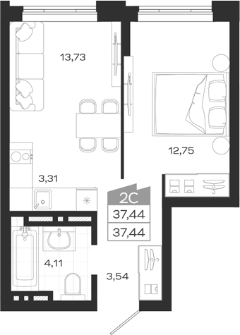Планировка 2е-к. квартира 37.44 м² в ЖК «Ясный Берег»